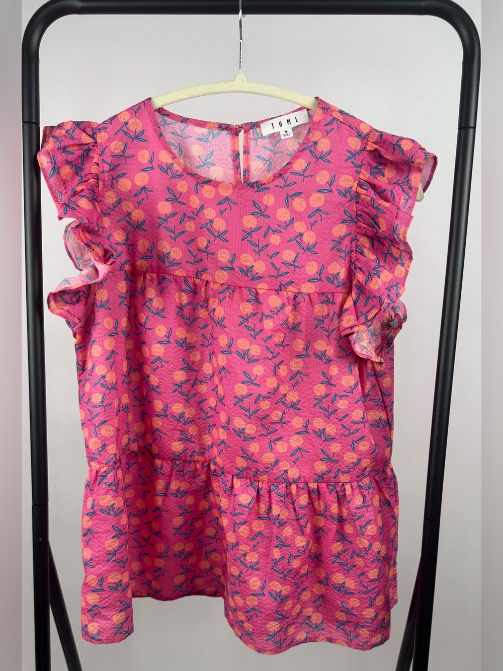 THML Pink Orange Print Ruffle Sleeve Peplum Blouse Top Women’s Medium Boho - Picture 2 of 6
